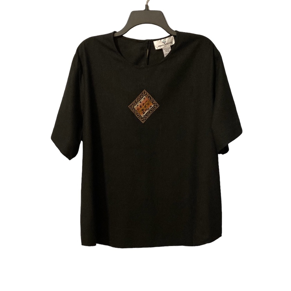 ERIN LONDON 2XL 100% Silk Black Cheetah Aztec Print Embroidery Top Blouse
